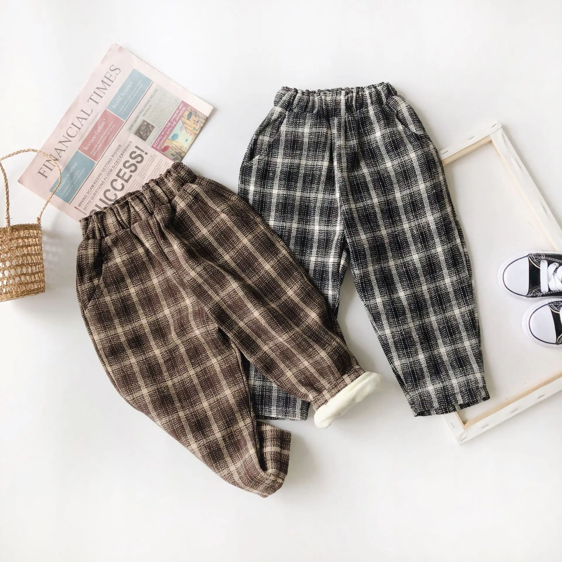 WLG boys girls winter pants kids plaid velvet thick gray brown pant baby warm casual all match trousers 2-6 years