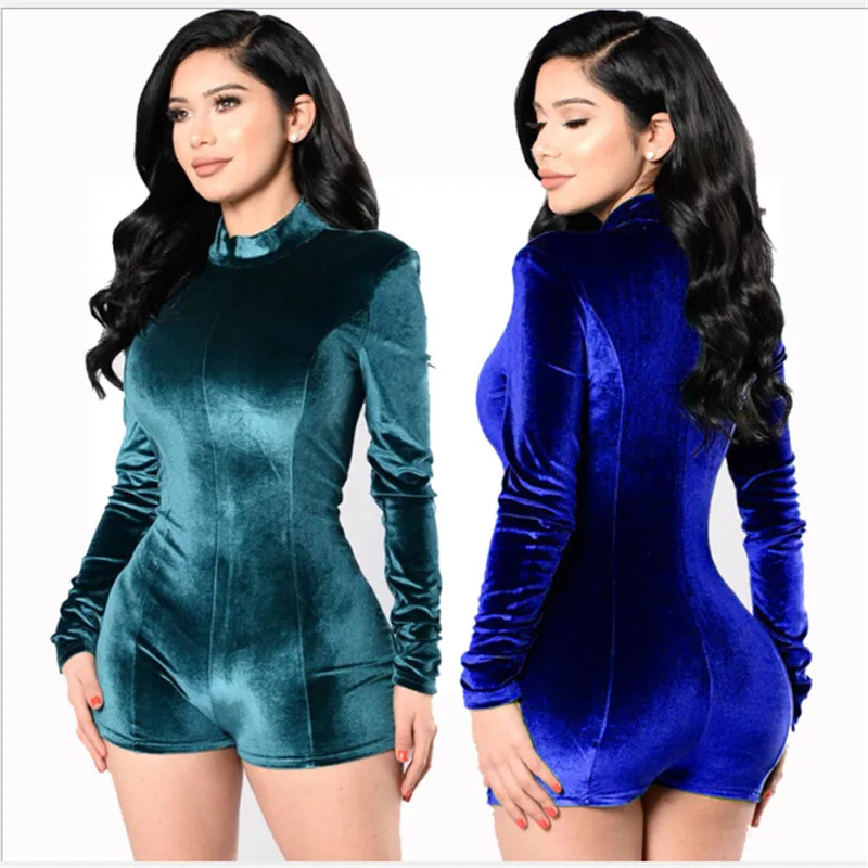 Sexy Girl Autumn Velvet Playsuits Women Jumpsuit Night Club Long Sleeve High Neck Rompers Fashion Skinny Jumpsuit 4Colors