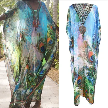 

Woman Beach Dresses 2020 Coverups For Women Swimwear Cover Ups Suit New Chiffon Print Peacock Feather Loose Skirt Bikini Shirt
