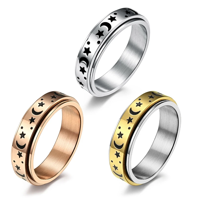 Stainless Steel Fidget Spinner Rings Moon Star Sun Fine Tuning Rotating Ring Boho Jewelry Gift Lucky Worry Ring For Anxiety