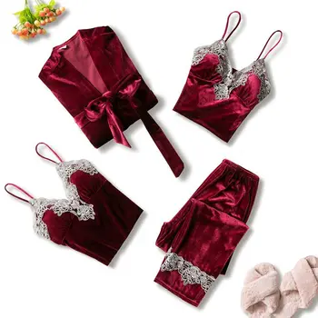 

4 Pieces Gold Velvet Warm Winter Pajamas Sets Women Sexy Lace Robe Pajamas Sleepwear Kit Sleeveless Nightwear Pyjamas