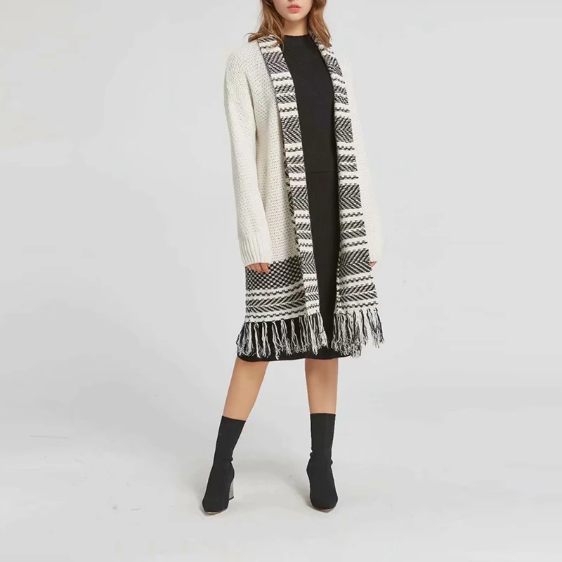 

Women Autumn Long Cardigans Sweater Long Sleeves Tassle Patchwork Jumpers Knitwear Casual Loose Open Stich Coat Sweaters XZ2158