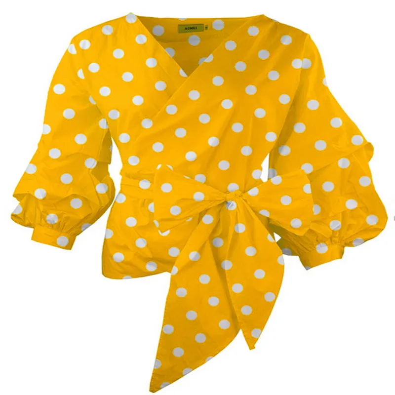 

Cotton Sashes Front Bow Tie Yellow Color with White Print Polka Dot Puff Sleeve Blouses for Women Plus Size 3XL 2020 Summer Tops