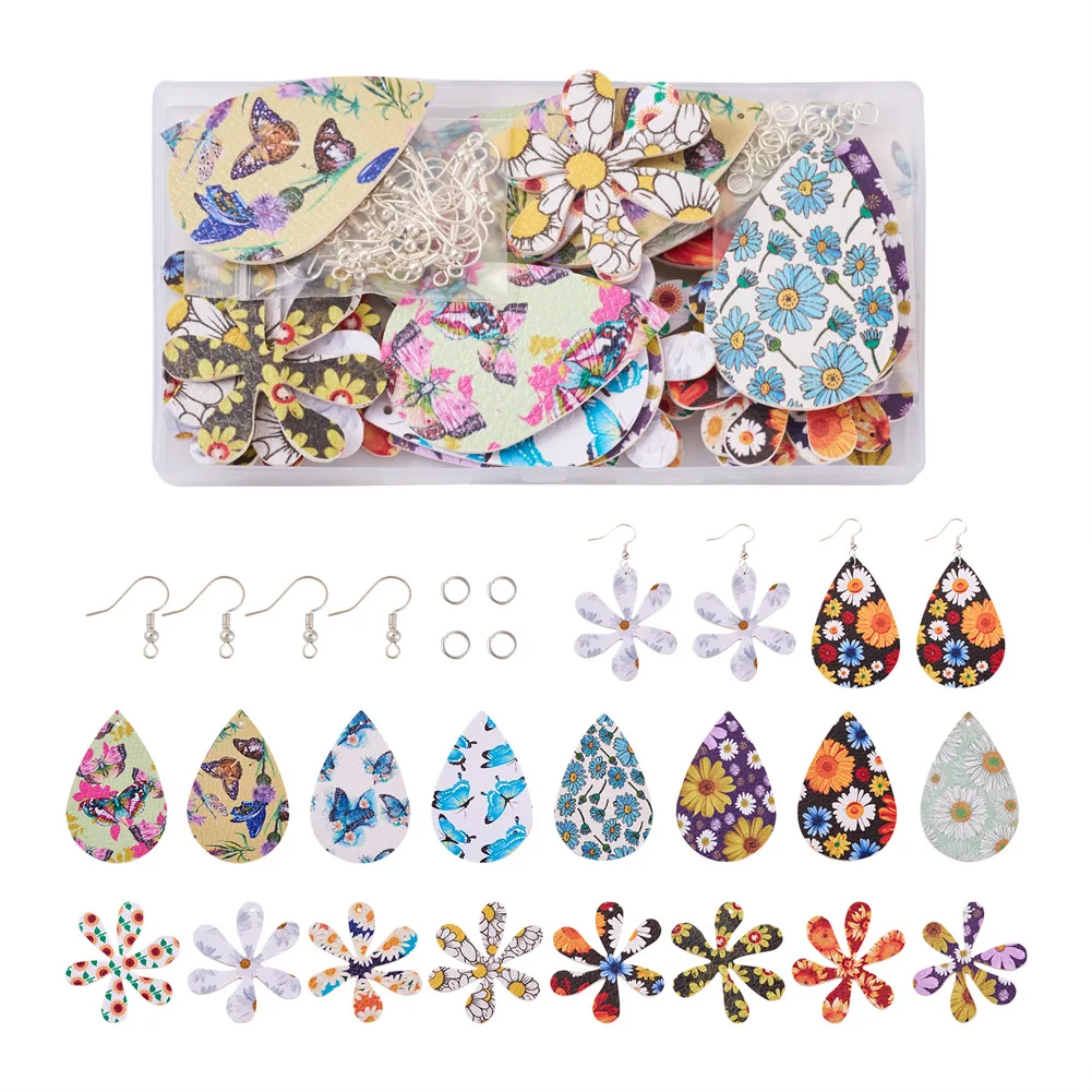 

32Pcs/Set Bohemian Teardrop Flower Pattern PU Leather Pendants Charms With Jump Ring Earring Hook For Jewelry Earring Making