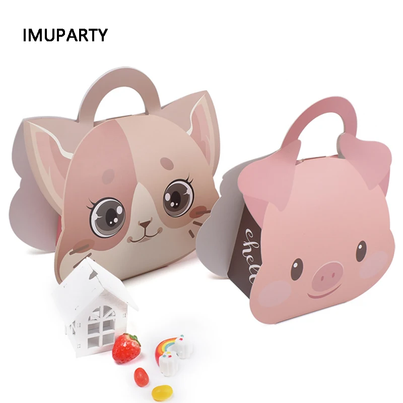 

12pcs Animals Candy Box Pink Cat Pig Paper Handbags Gift Packaging Box for Wedding Birthday Holloween Party Decorations