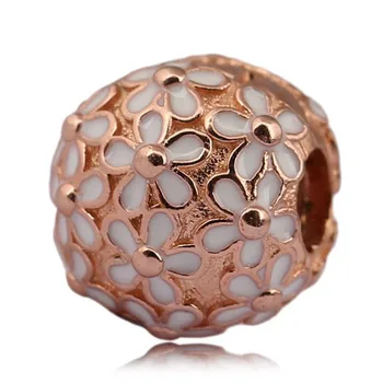 

Authentic 925 Sterling Silver Bead Charm Rose Gold White Enamel Daisy Meadow Clip Stopper Beads Fit Bracelet Diy Jewelry