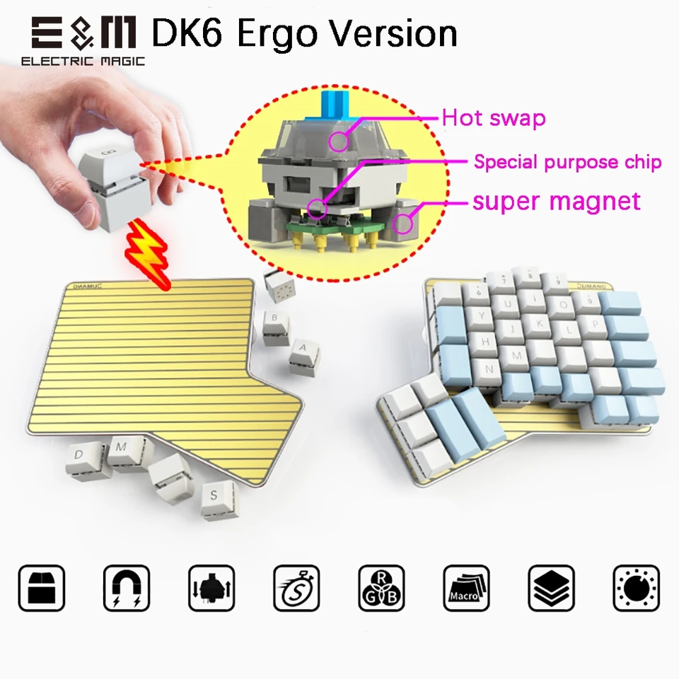 DK6 Mini Board Movable Split Keypad for Hot Swapable Magnetic Programmable RGB Backlight Mechanical Keyboard
