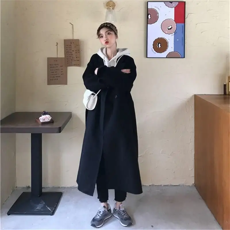 Корейское зимнее шерстяное пальто для женщин с отложным воротником Длинная Верхняя одежда для девушек корейский стиль хаки шерстяные пальто