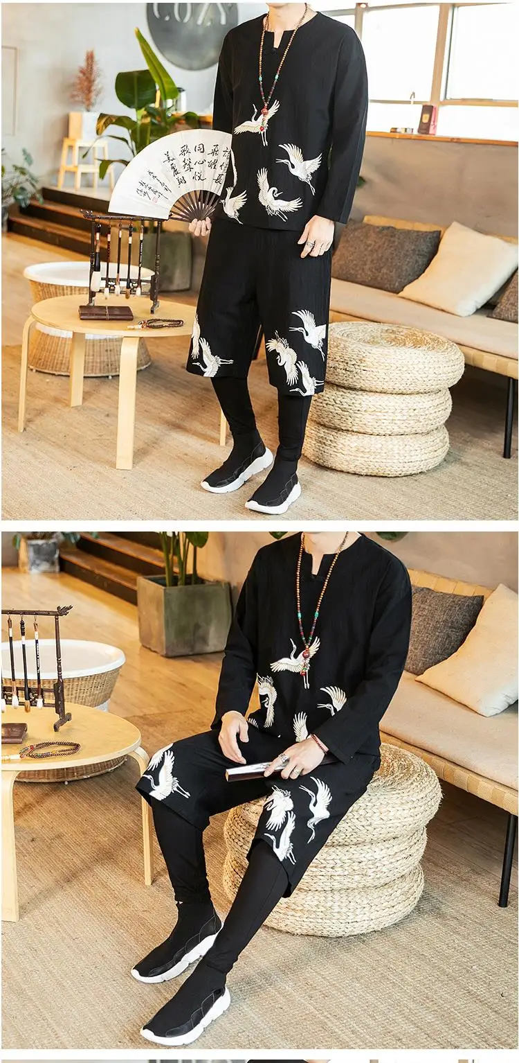 Sinicism Store, китайский стиль, спортивный костюм для мужчин,, весна, для мужчин, хлопок, лен, длинный рукав, 2 вещи в комплекте, мужские брюки с принтом, спортивный костюм