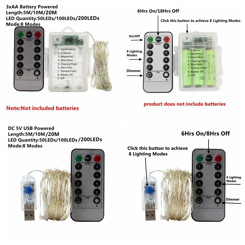 Remote Control Fairy Lights USB Battery Operated LED String Lights