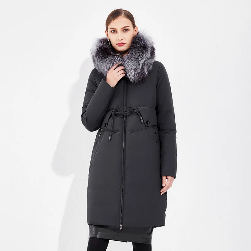 EURASIA/Новинка года; Стильное женское зимнее пальто; плотные парки; верхняя одежда из натурального меха; одежда на молнии; Длинная Куртка с регулируемой талией; YD1886 - Цвет: Black