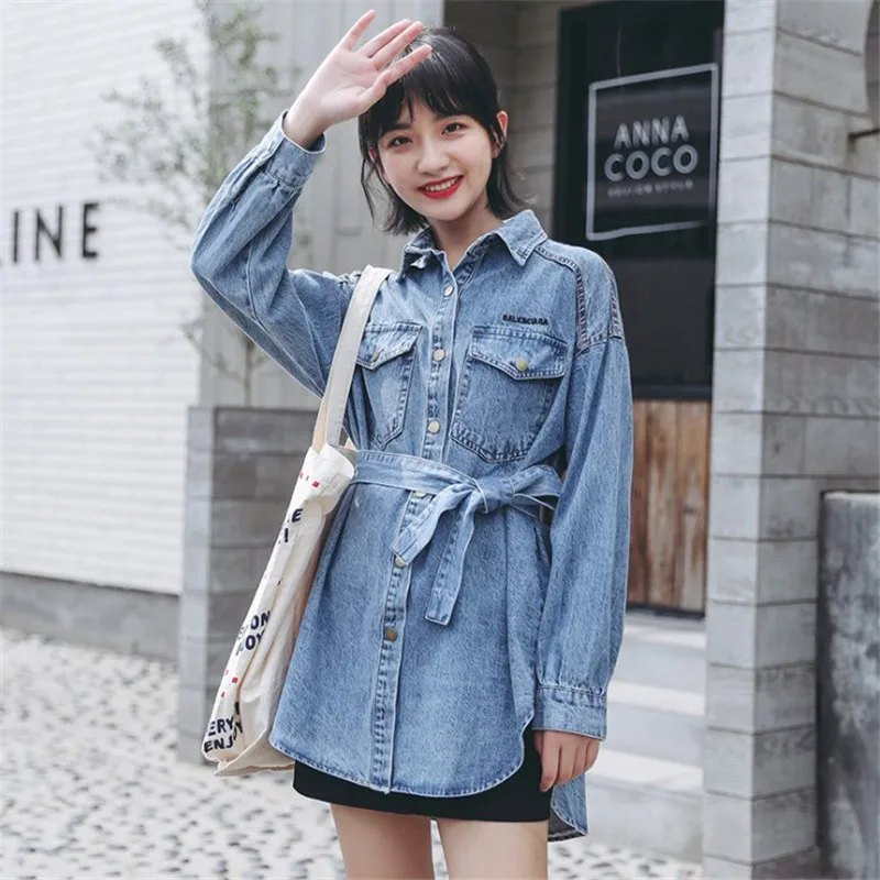 

2019 autumn new Korean version of the simple wild temperament casual long section straps waist lapel long-sleeved shirt women