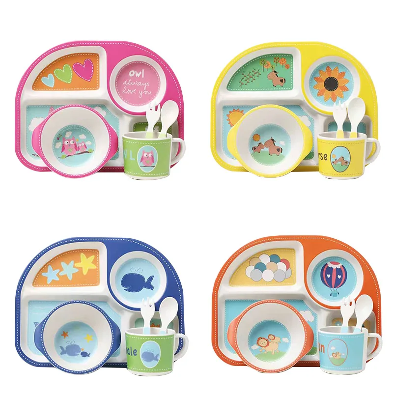 

5pcs/set Baby Dish Training Tableware Children Cute Cartoon Feeding Food Dishes Kids Dinnerware with Bowl Cup Spoon Fork Plate