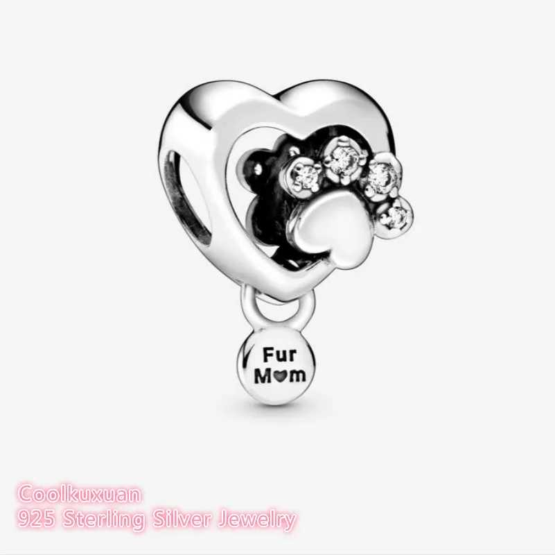 

Spring 100% Original 925 Sterling Silver Sparkling Paw Print & Heart Charm beads Fits Pandora bracelets Jewelry Making