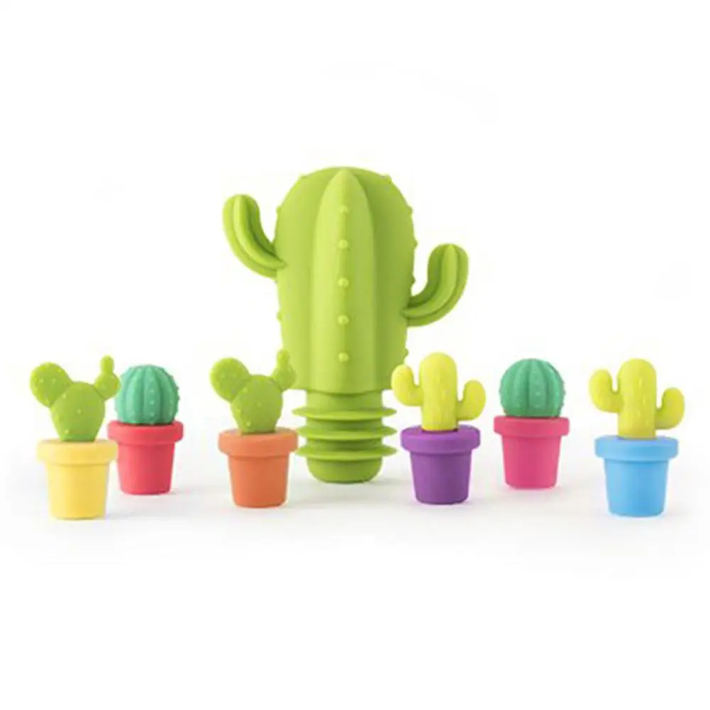 

Silicone Cactus Wine Bottle Stopper Wine Cork Plug 7pc Party Wine Glass Marker Cup Recognizer Drinking Buddy Cactus Drink Charms