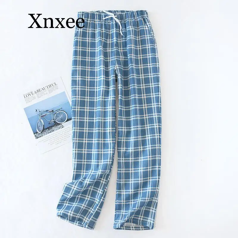 Men's Cotton Gauze Trousers Plaid Knitted Sleep Pants Mens Pajamas Pants Bottoms Sleepwear Pajama Short for Men Pijama Hombre