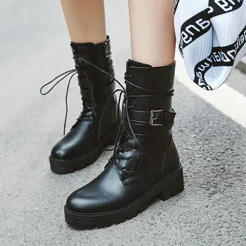

Black White Lace-up Ankle Boots Women Winter Buckle Chunky Heel Riding Boots Ladies Fashion Comfort Round Toe Platform Shoes