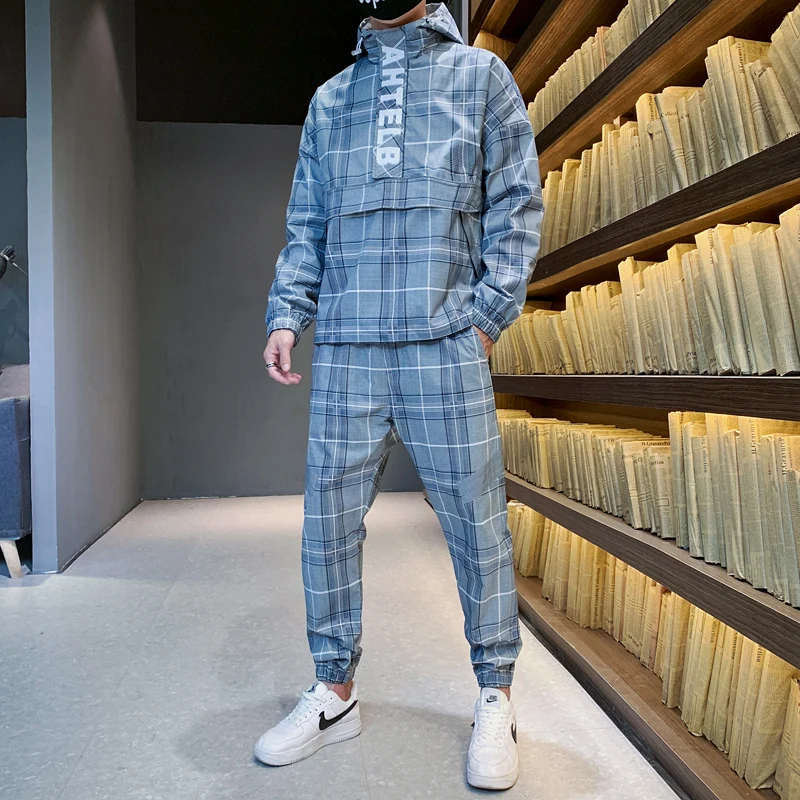 Plaid Tracksuit Reflective Jogger-Sets Hooded Streetwear Men New-Fashion 2piece Pullover