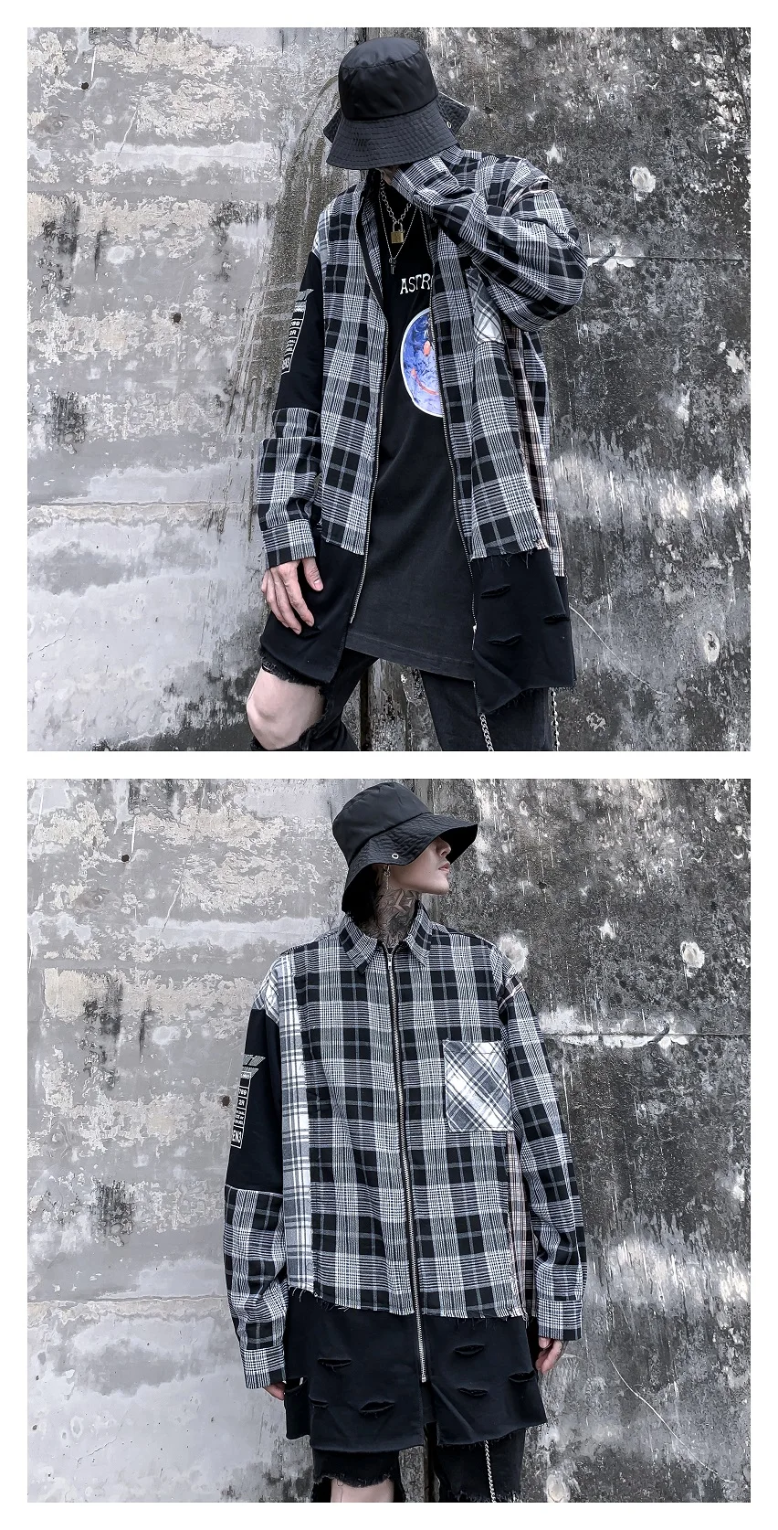 man Distressed Destroyed Holes Color Block Patchwork Pocket Long Sleeve Zipper Plaid Shirt Hip Hop Streetwear Dress Shirts tops