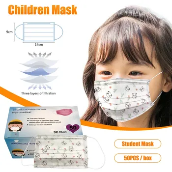 

50PCs Child Mask Cute Animal Printing Face Mask Disposable Face Mask Industrial 3Ply Ear Loop Mask Outdoor Dustproof Kids Mask