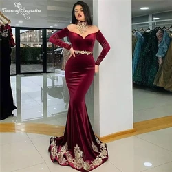 Burgundy Evening Dresses Mermaid 2021 Long Sleeve Lace Appliques Off the Shoulder Formal Gowns Prom Party Dress Robe De Soiree
