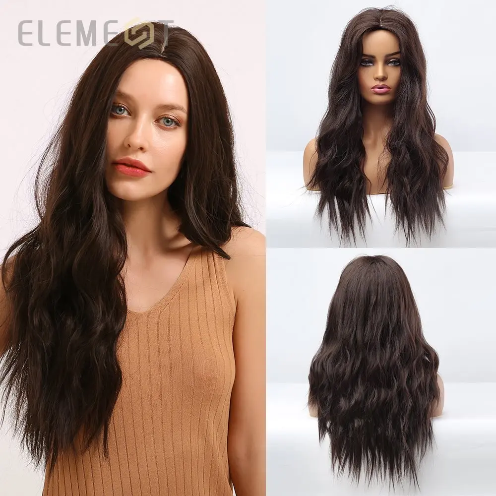 

Element Synthetic Long Natural Wave Hair Ombre Brown Middle Part Wigs for White/Black Women Cosplay or Daily Wear