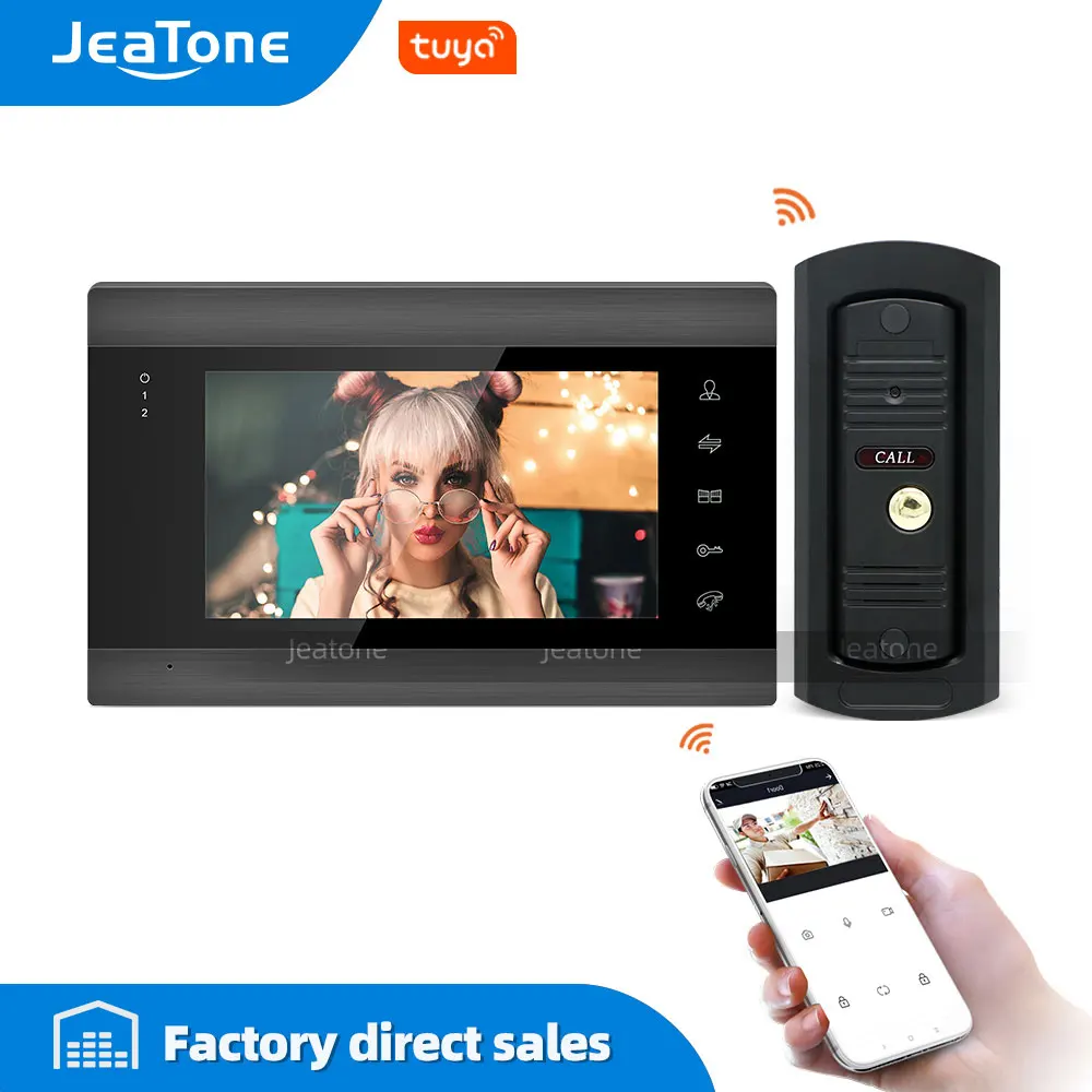 Jeatone WiFi Tuya 7''Black Video Door Phone Intercom System with 720P/AHD Wired Doorbell Camera Remote Unlock Motion Detection