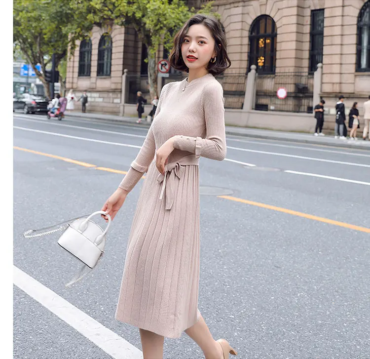 Fashion Autumn Sweater Dress Women Knitted Dress Elegant Women High Waist Pleated Dresses Korean Woman Pullovers Sweater Dresses - Цвет: Apricot