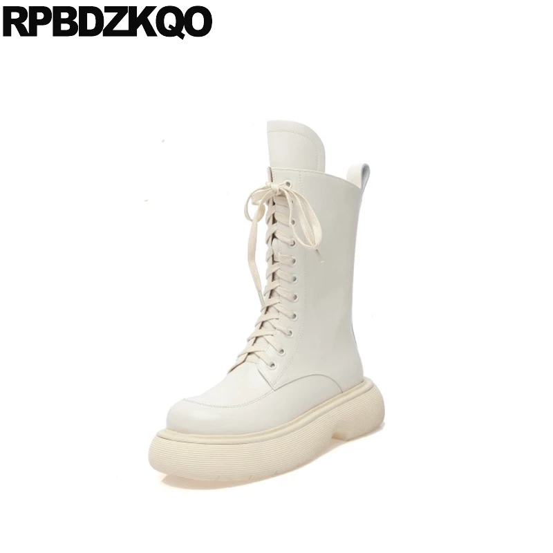 Botas de combate con cordones estilo Harajuku para zapatos de media botines, color Beige, charol, militar, para 2021|Botas media pantorrilla| - AliExpress