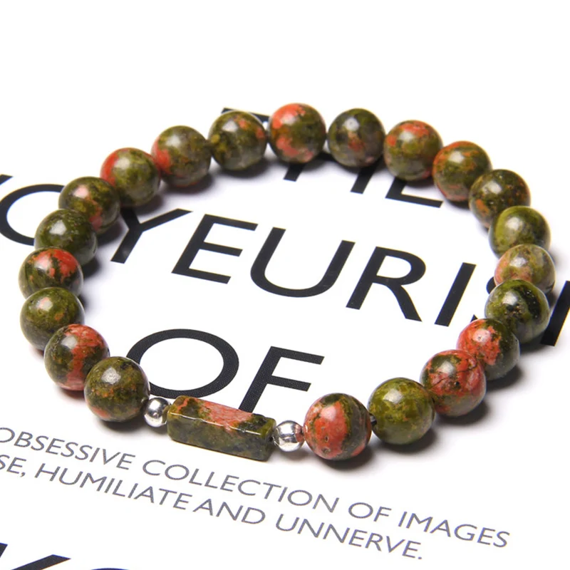 Natural Unakite Stone Beads Bracelet Bangles Fashion Line Rhodonite Healing for Women Men Energy Jewelry Gifts | Украшения и