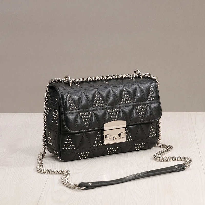 High Quality Women Leather Handbag New Top Layer Leather Rhombic Chain Crossbody Bag Female Rivet Shoulder Messenger Bag