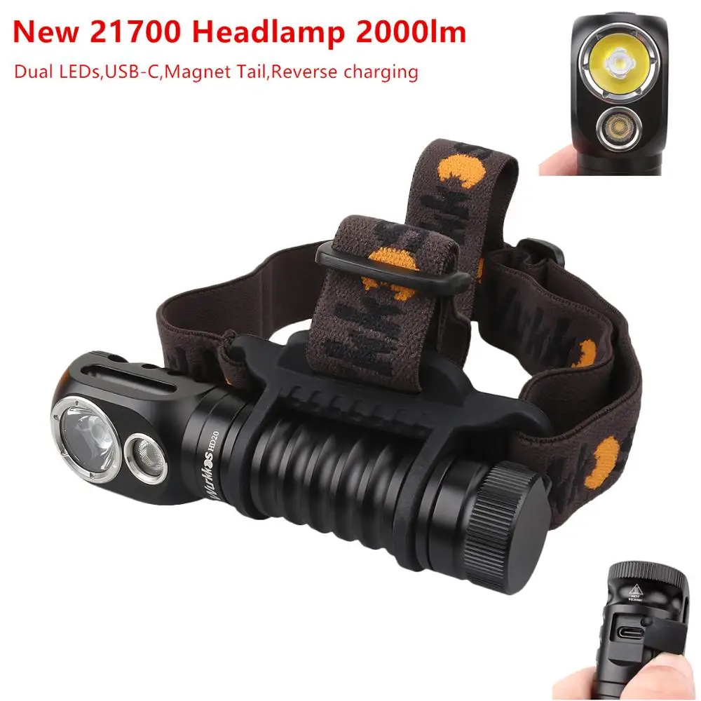 

Wurkkos HD20 Rechargeable Headlamp 21700 Flashlight 2000lm Dual LED LH351D and XPL with USB-C reverse charge Magnetic Tail