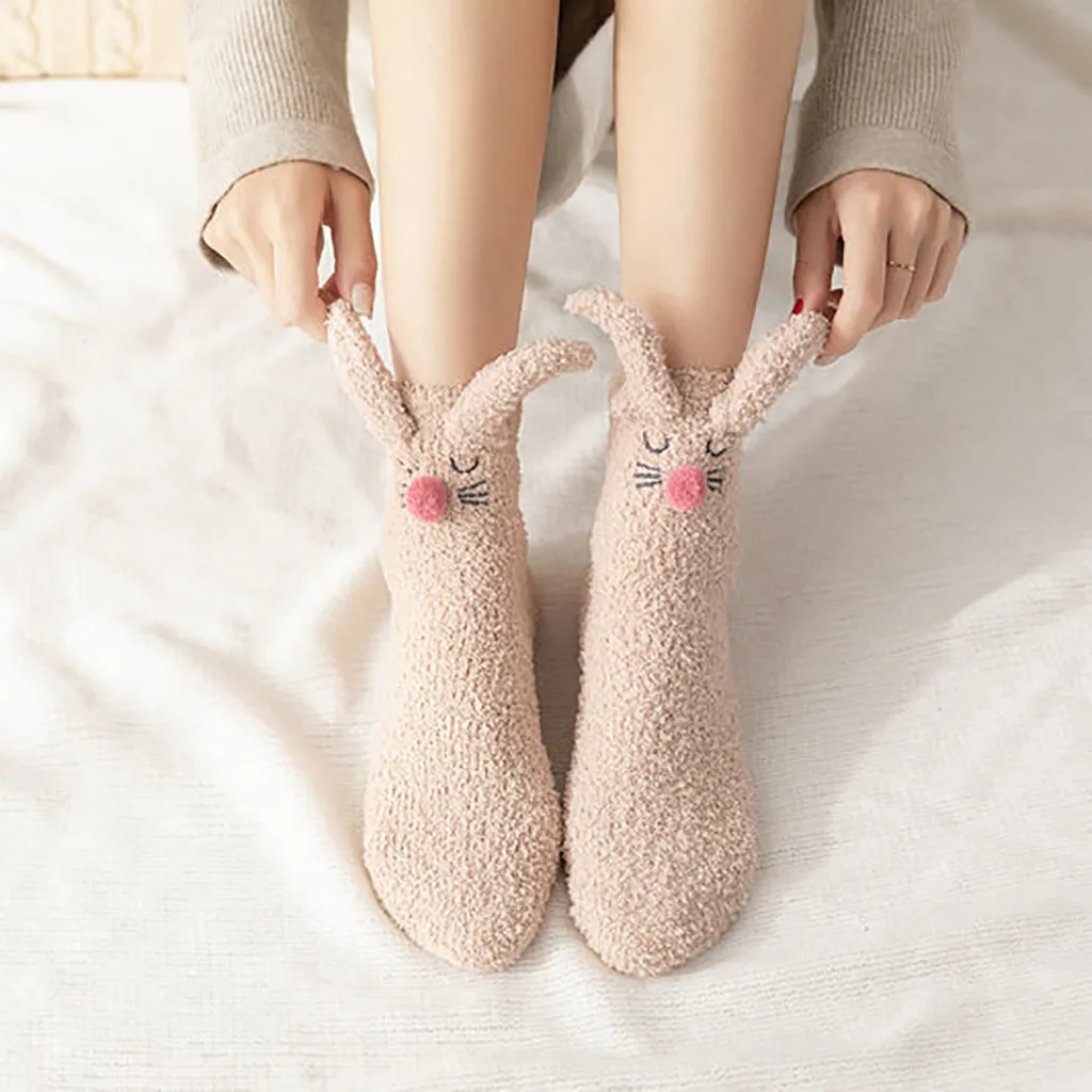 Женские зимние теплые утолщенные Носки с заячьими ушками модные домашние милые носки-тапочки для женщин и девочек повседневные носки для сна 19Nov06