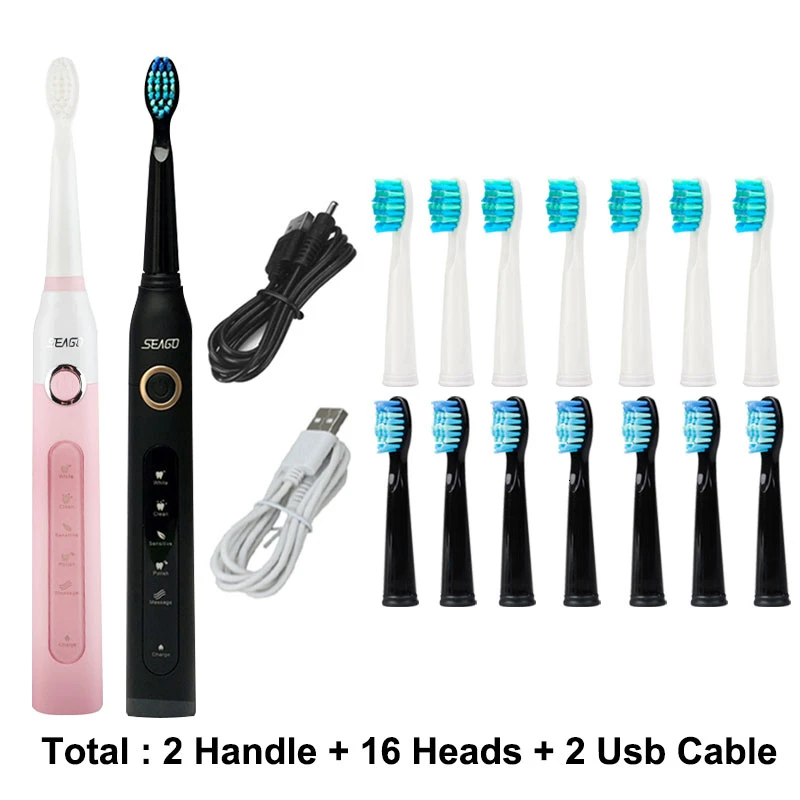 Seago Sonic электрическая зубная щетка для взрослых с таймером, электрическая зубная щетка с зарядкой от USB, 3 шт/8 шт, Сменная головка щетки - Цвет: pink-black-16heads