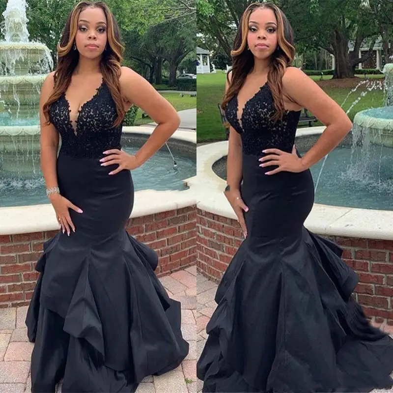 

Modest V-Neck Lace Mermaid Prom Dresses Satin Tiered Black Girl African Party Gowns Formal Evening Dress Robe De Soiree