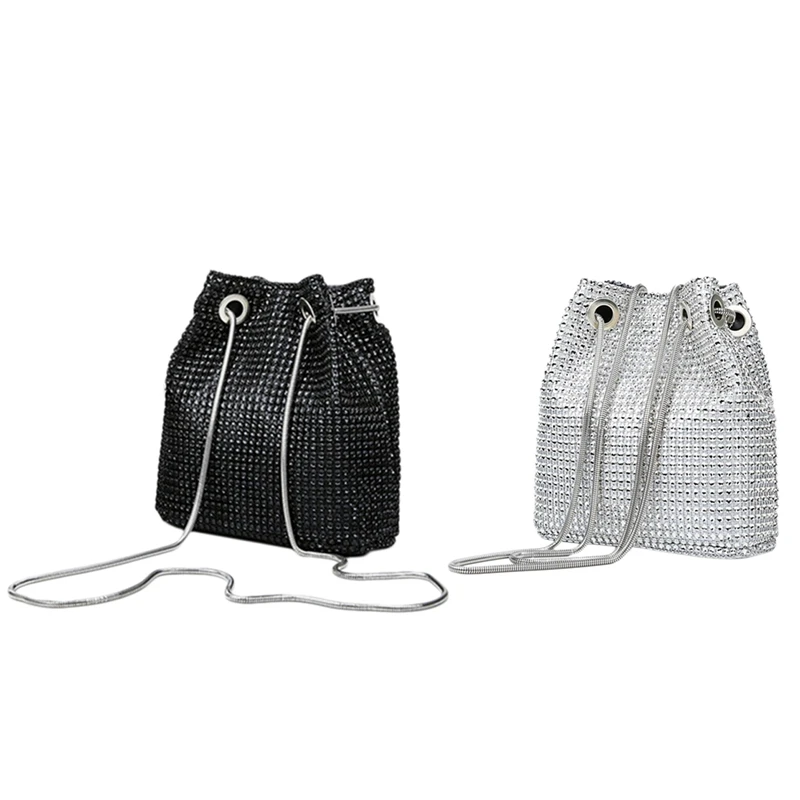 

2 Pcs Rhinestone Inlaid Flash Bucket Clutch Bag for Evening Party Fashion Banquet Fashion Shoulder Storage Totes Bags for Women