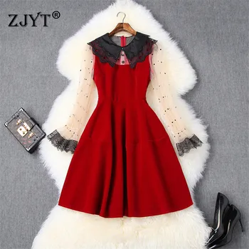 

2020 Spring Dress Women Runway Fashion Designers Flare Sleeve Dot Tulle Patchwork Sweet Sexy Short Party Dresses Female Vestidos