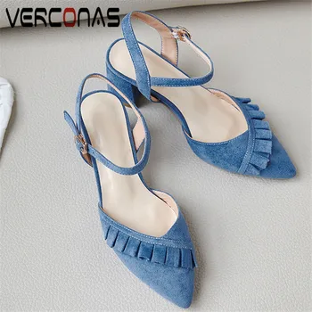 

VERCONAS 2020 Sweet Woman Pumps Woman Sandals New Arrival Summer Casual Ankle Strap Pointed Toe Square High Heeled Shoes Woman
