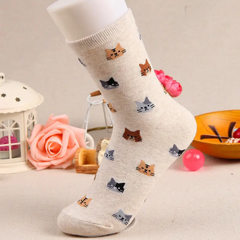 Прямые поставки, Модные женские милые носки с изображением кота, хлопковые носки с изображением мультяшных животных, 5 цветов, 1 пара