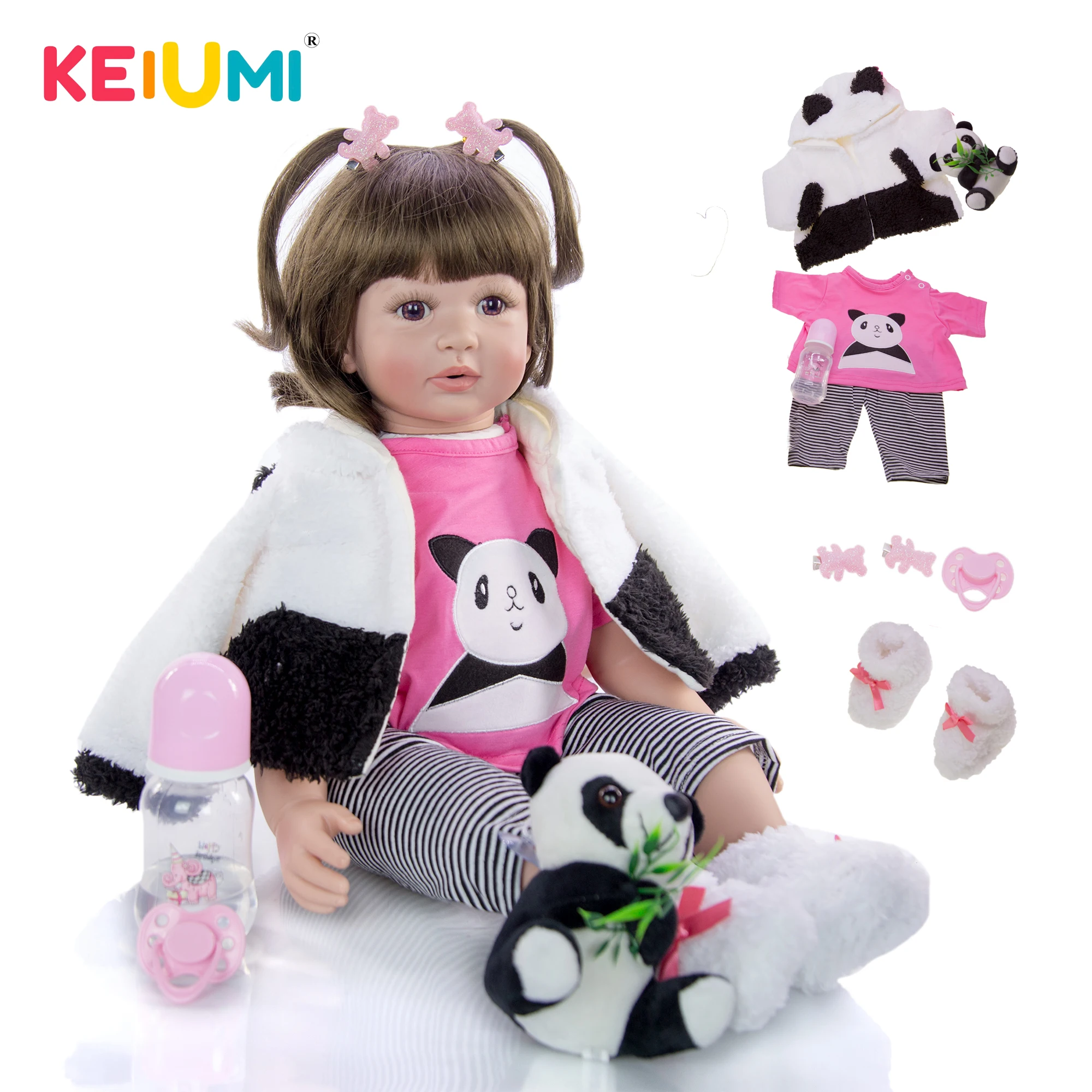 KEIUMI Panda Reborn Baby Dolls 60 см Реалистичная принцесса с локонами силиконовая виниловая детская возрожденная менина игрушка для детского подарка на день