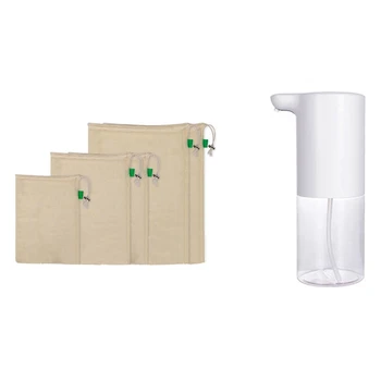 

5Pcs/Set Cotton Mesh Produce Bags Organizer Storage Bags & 1 Pcs Pressless Bathroom Dispenser Soap Dispenser 320Ml