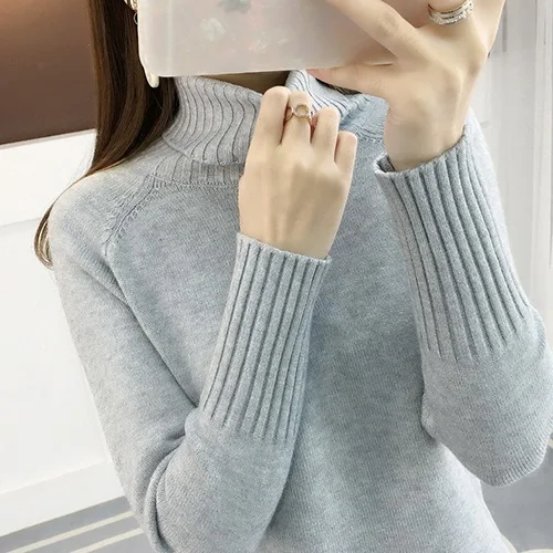 PEONFLY толстый теплый зимний пуловер свитер женский длинный рукав сплошной цвет вязаный свитер водолазка женский джемпер женские топы - Цвет: Gray