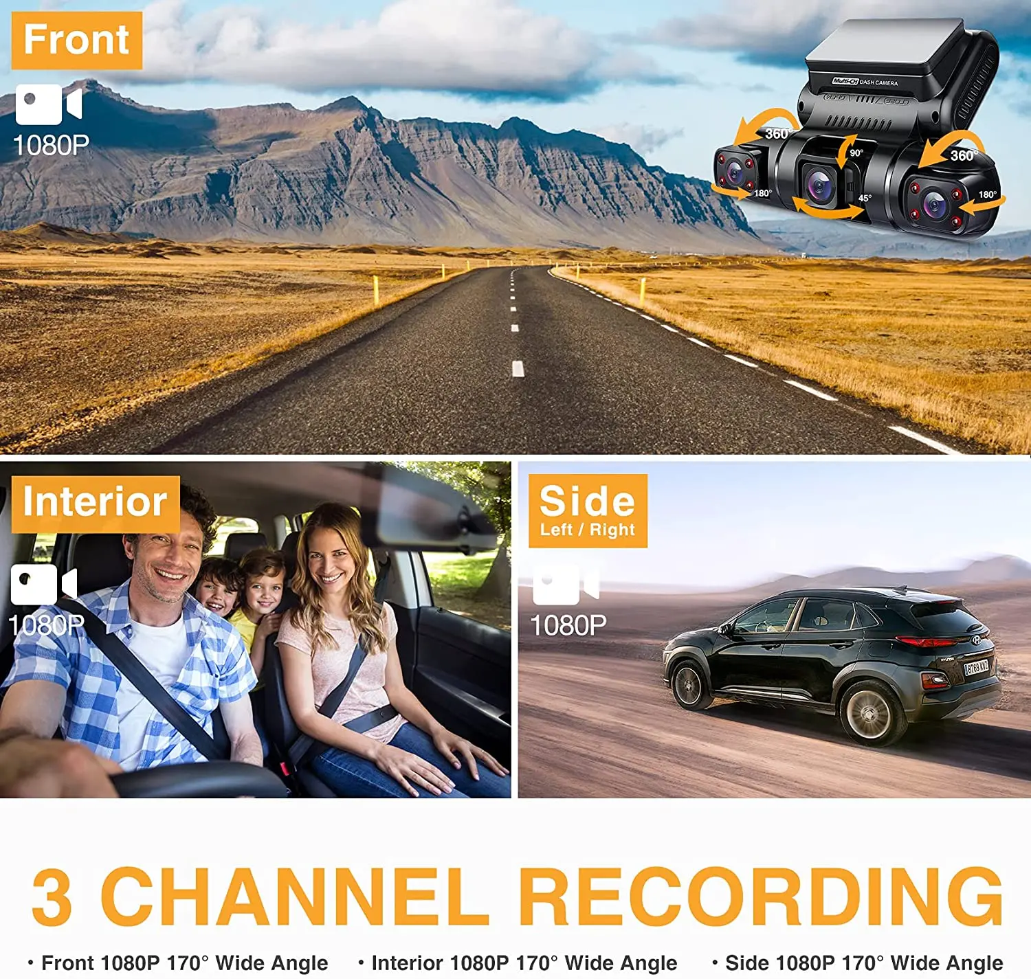 3 Lens 1080P+1080P+1080P Car DVR 3 Channel Inch LCD Dash Cam 8 Infrared Light Super Night Vision Car Camera WIFI/WDR/170˚/ADAS