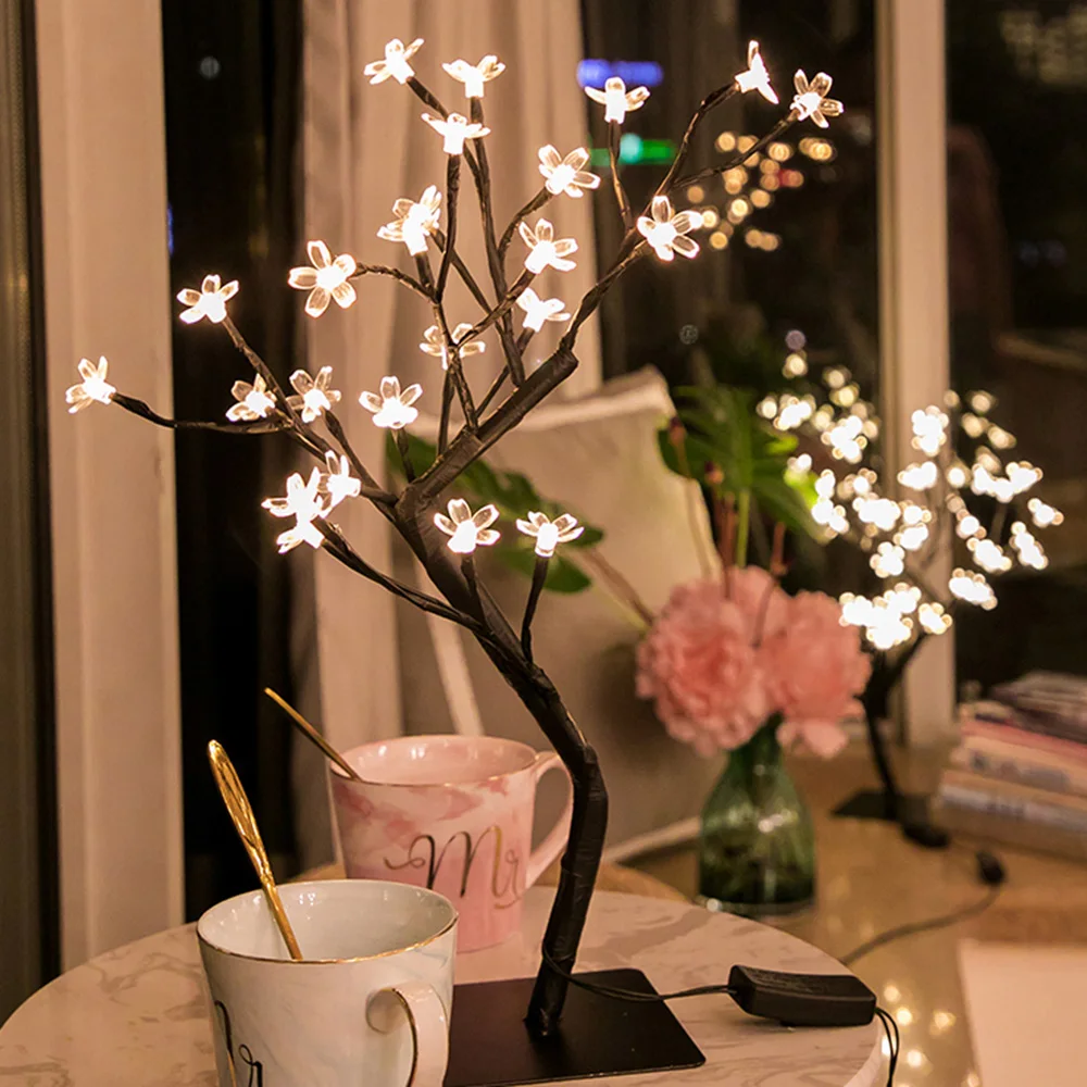 48 LED EU Plug 3D Table-Lamp Copper wire Christmas Cherry Plum Blossom Tree Night Light for Home Indoor Bar Decor Fairy Light
