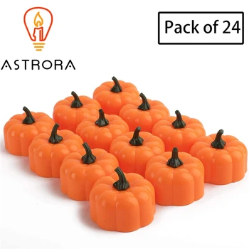 

ASTRORA 24 Pack Small Pumpkin Tea Lights Battery Operated LED Tealight Candles Special for Halloween Holiday Theme Parties