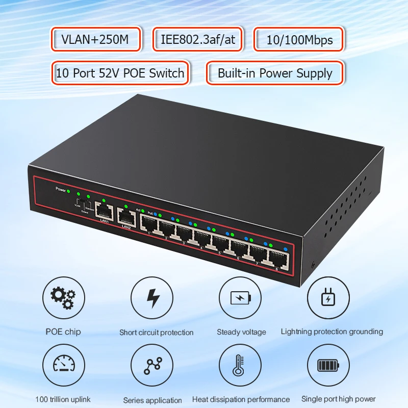 10 портов POE коммутатор 48 В питание через Ethernet сетевой коммутатор 8 PoE выключатель инъектор для ip-камеры/беспроводной AP/CCTV камеры системы