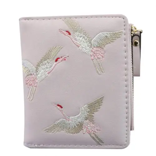 Light Pink Модный женский мини-кошелек с вышивкой Журавля, короткий кошелек на молнии, держатель для карт - Цвет: Light Pink