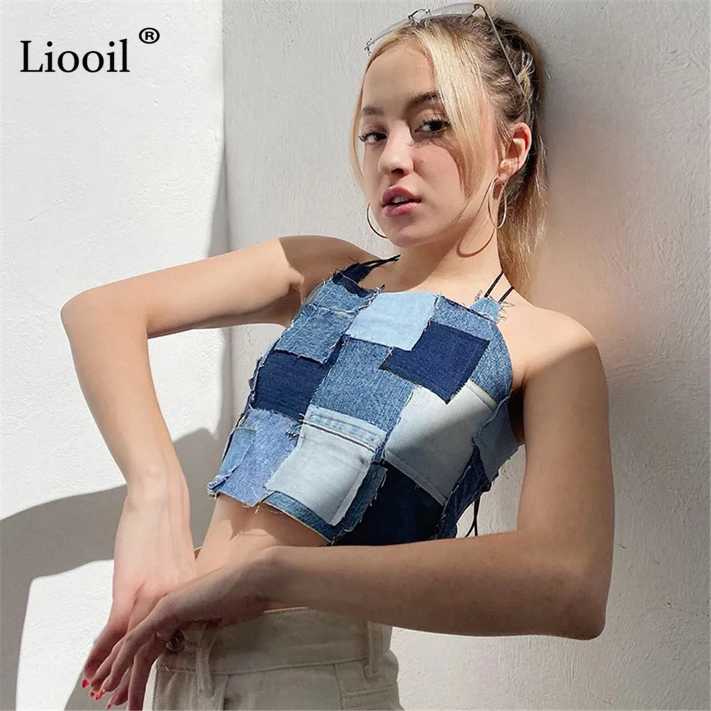 Liooil Цвет блок бандажный купальник джинсовые безрукавки для женщин рейв одежда 2021