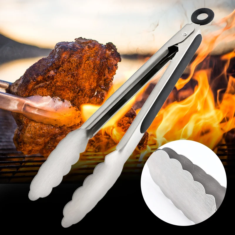 9/12/16 Inch Long Bbq Tongs Non-Slip Handle Stainless Steel Fried Barbecue Clip Salad Bread Clamp Kitchen Tools Meat Food Clip — view 4