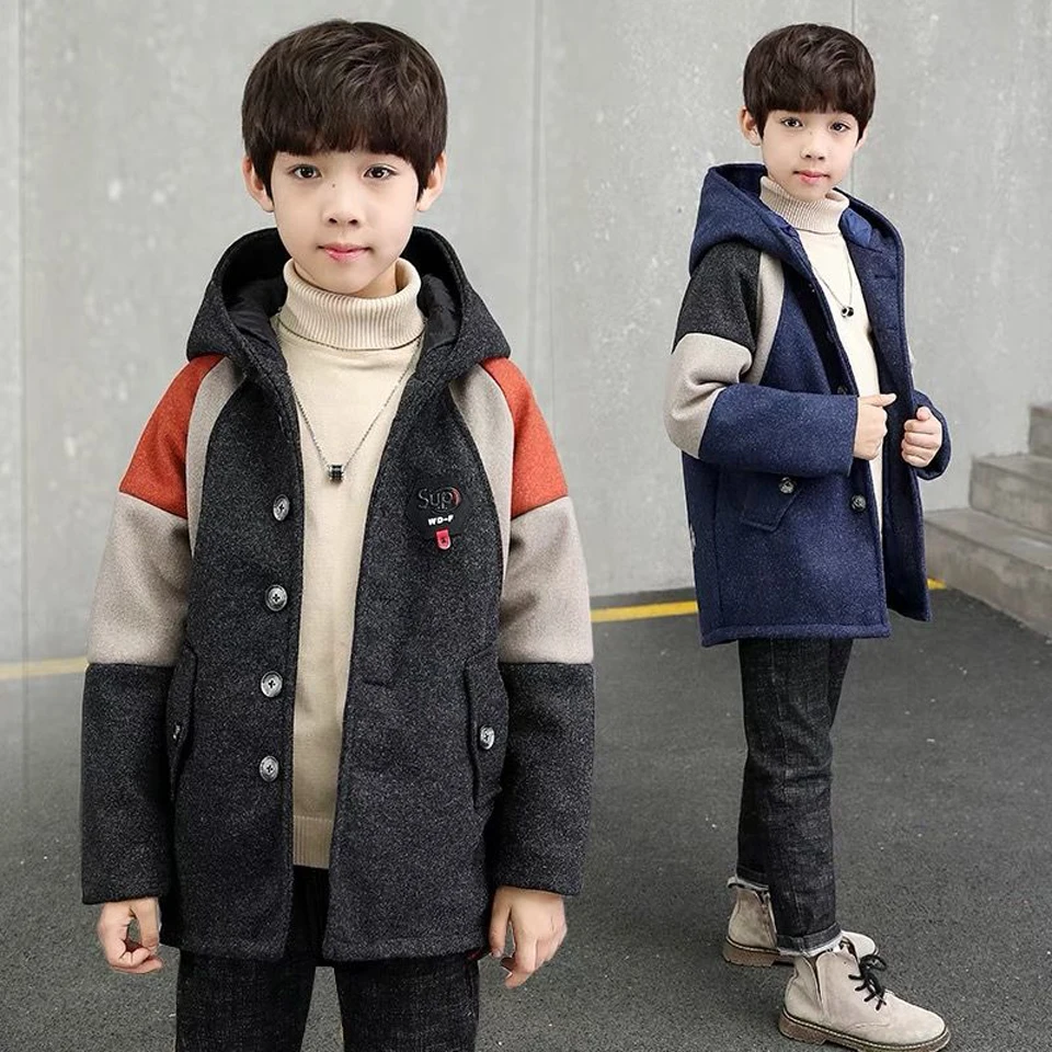 Зимние куртки двубортный шерстяной плащ для маленьких мальчиков в стиле пэчворк верхняя одежда с отворотом для детей от 4 до 14 лет, пальто для мальчиков, ветровка